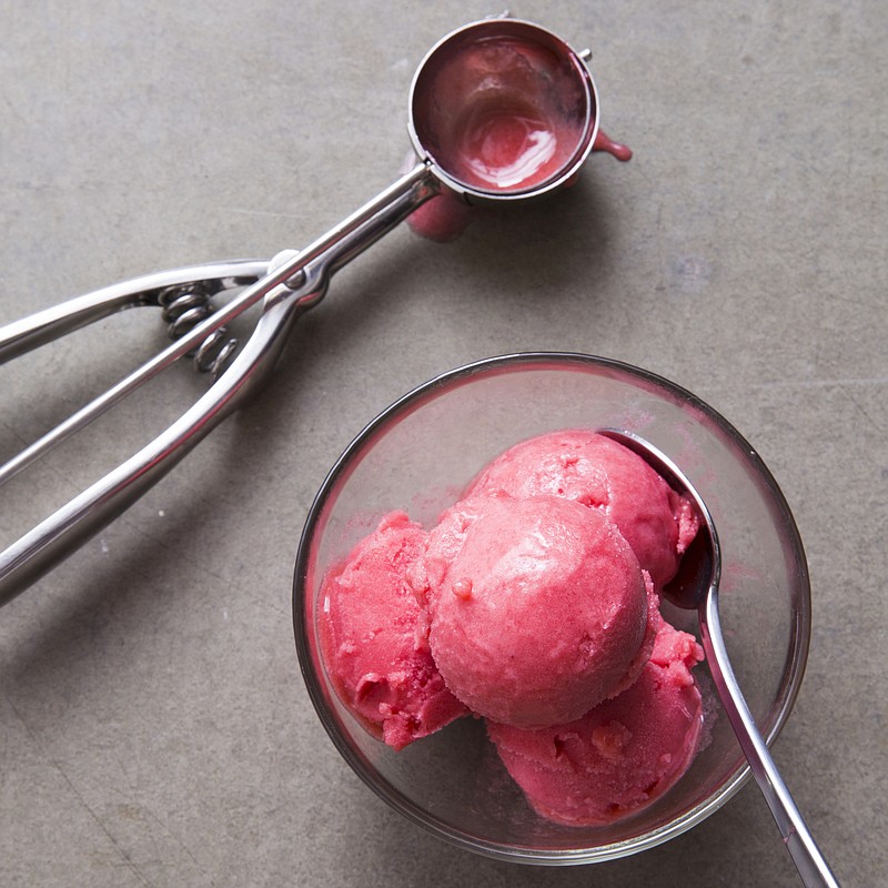 This undated photo provided by America's Test Kitchen in May 2018 shows raspberry sorbet in Brookline, Mass. This recipe appears in the cookbook "Vegan For Everybody." (Steve Klise/America's Test Kitchen via AP)