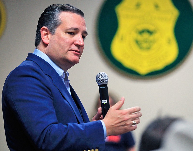 In this April 3, 2018, file photo, U.S. Senator Ted Cruz, R-Texas, speaks to supporters as he campaigns for re-election at the National Border Patrol Council Local 3307 offices in Edinburg, Texas. (Joel Martinez/The Monitor via AP, File)