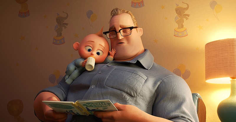 This image released by Disney Pixar shows characters Bob/Mr. Incredible, voiced by Craig T. Nelson, right, and Jack Jack in "Incredibles 2." (Disney/Pixar via AP)