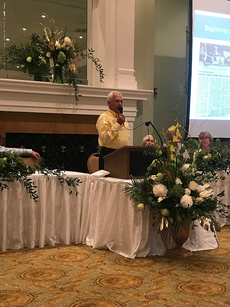 Don Ruggles speaks to the audience during the 35th anniversary celebration of LifeNet Air on Wednesday at Northridge Country Club in Texarkana, Texas. Ruggles helped to found the air ambulance 35 years ago, inspired by the death of his son, who died from injuries he received in a hunting accident in rural Arkansas.