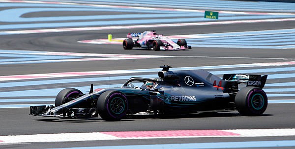 Lewis Hamilton steers his car during the first practice session Friday at the Paul Ricard racetrack in Le Castellet, France.