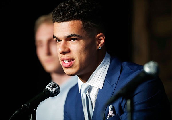 Michael Porter Jr., the Nuggets' first-round pick in the NBA Draft, speaks with reporters during a news conference Friday in Denver. 