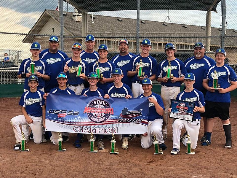 The Wizard Baseball team is the 2018 USSSA Missouri 14U AAA State Champions. Team members are, front row from left, Drake Schlup, Calen Kruger, Cadon Garber, Will Berendzen, Bradley Schoenthal and Carson Gettinger; middle row from left, Taggert Bodenstab, Case Hager, Gage Reynolds, Trevor Myers, Tagen Higgins and Evan Schoenthal; and back row from left. Coaches were Kevin Bishop, Ron Berendzen, Ken Bishop and Larry Bishop. Not pictured were Luke Northweather and Coach Sean Northweather.