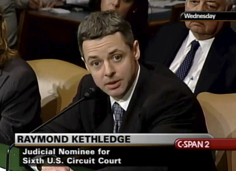 In this May 7, 2008, image from video provided by C-SPAN, Raymond Kethledge testifies during his confirmation hearing for the Sixth U.S. Circuit Court on Capitol Hill in Washington. President Donald Trump is closing in on his next Supreme Court nominee, with three federal judges leading the competition to replace retiring Justice Anthony Kennedy. Trump's top contenders for the vacancy at this time are federal appeals judges Amy Coney Barrett, Brett Kavanaugh and Raymond Kethledge, said a person familiar with Trump's thinking who was not authorized to speak publicly.(C-SPAN via AP)