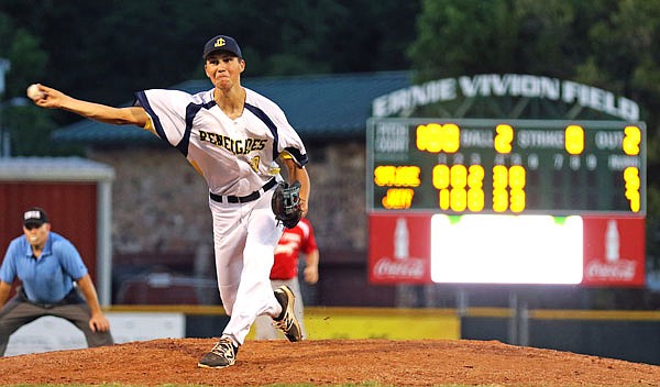 Renegades pitcher Matthew Wade delivers to the plate to surpass 100 pitches during the sixth inning of Thursday night's game against the St. Joseph Mustangs at Vivion Field.