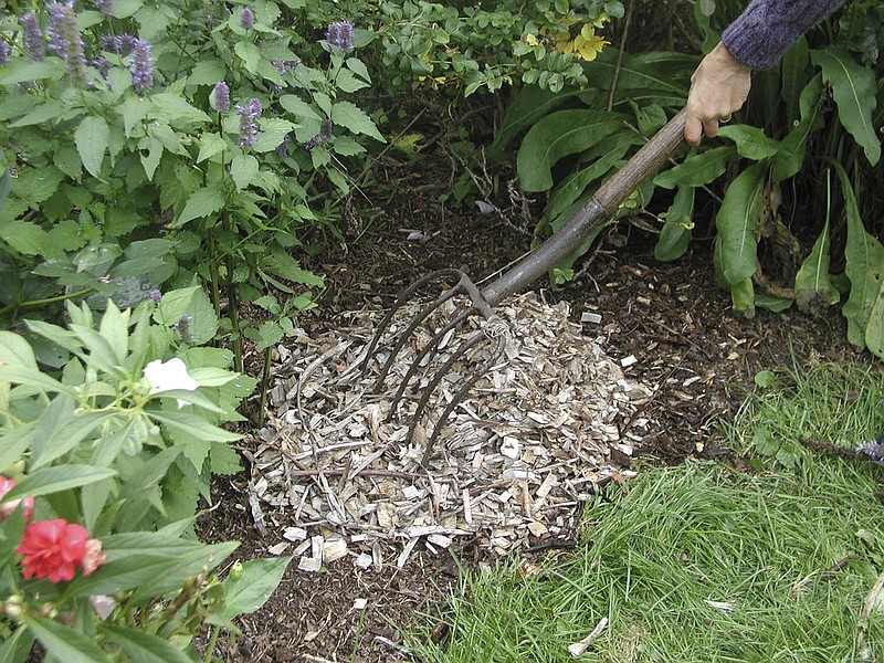 This undated photo shows mulch being applied to a flower bed in New Paltz, N.Y. A bulky organic material such as wood chips, although low in nutrients, will over time decompose to boost soil fertility. (Lee Reich via AP)