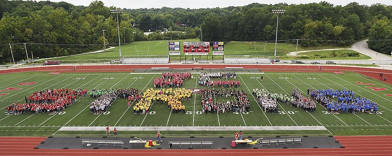 In this August 2017 photo, Jefferson City Public Schools hosts a back-to-school pep rally for faculty and staff in Fleming Fieldhouse followed by a trip to Adkins Stadium behind the marching band drum line. Once on the field, they filled in an outline of of the letters JC STRONG for the district group photograph. 