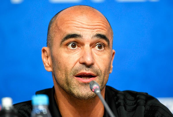 Belgium coach Roberto Martinez talks to the media during Monday's press conference on the eve of the semifinal match against France in the World Cup at the St. Petersburg Stadium in St. Petersburg, Russia.