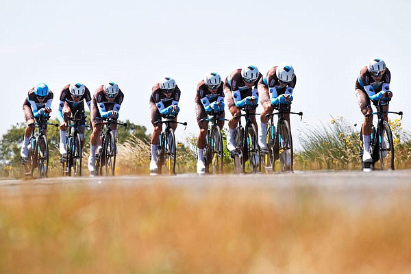 Team AG2R La Mondiale with France's Romain Bardet in last position strains during Monday's third stage of the Tour de France in a team time trial in Cholet, France.