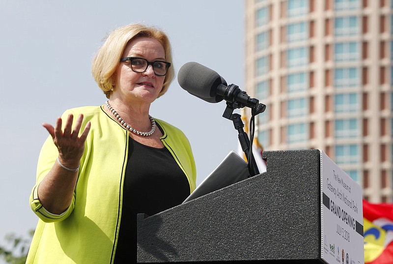 Sen. Claire McCaskill, D-Mo., speaks at the dedication for Gateway Arch National Park Tuesday, July 3, 2018, in St. Louis. 