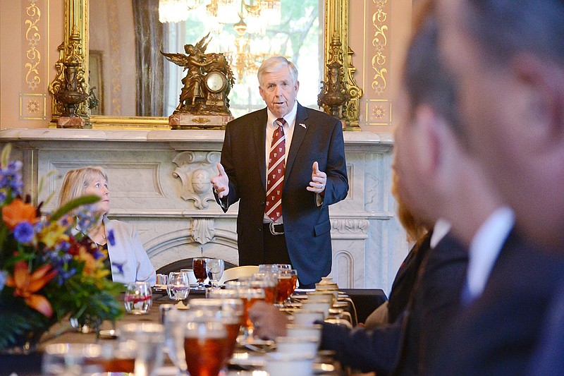 Gov. Mike Parson speaks to Missouri agriculture leaders Wednesday, July 11, 2018, at the Governor's Mansion.