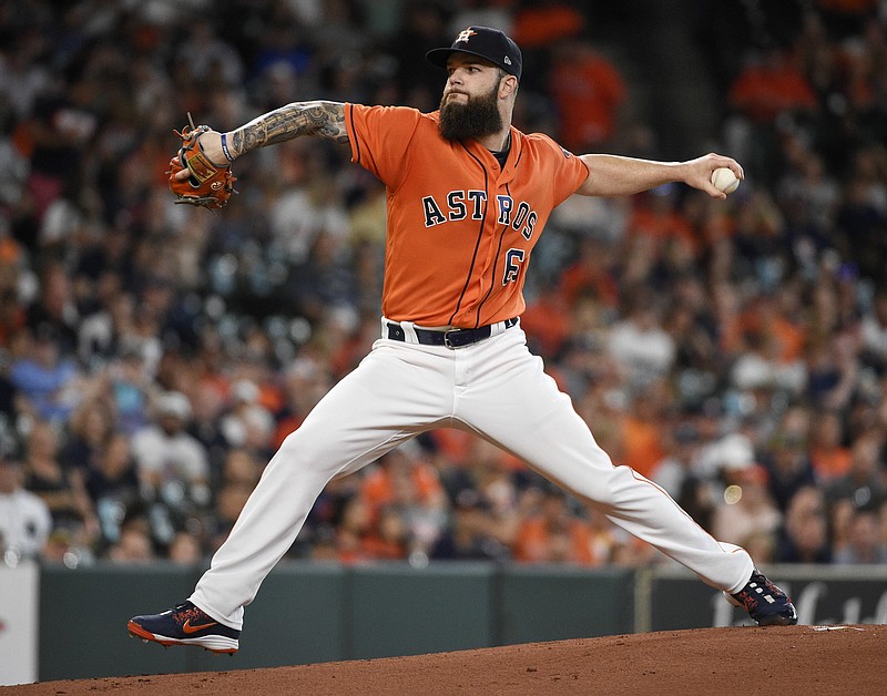 Houston Astros starting pitcher Dallas Keuchel delivers during the first inning of a baseball game against the Detroit Tigers, Friday, July 13, 2018, in Houston. (AP Photo/Eric Christian Smith)