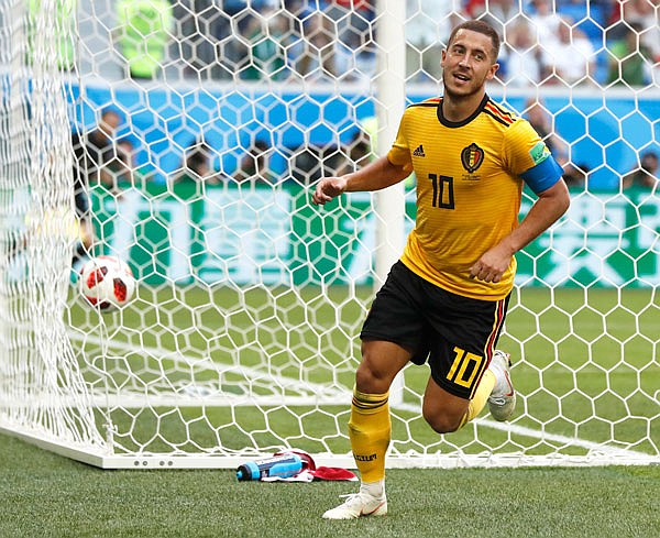 Belgium's Eden Hazard runs in celebration after scoring his team's second goal during Saturday's World Cup third-place match against England at the St. Petersburg Stadium in St. Petersburg, Russia.