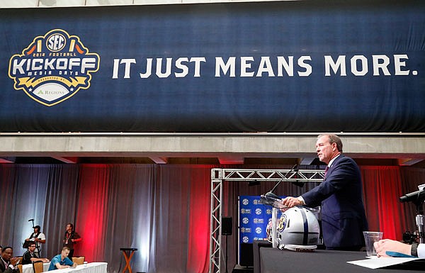 Texas A&M head coach Jimbo Fisher speaks Monday at Southeastern Conference Media Days in Atlanta.