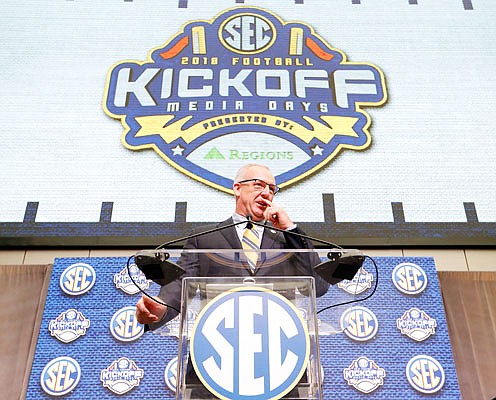 Southeastern Conference commissioner Greg Sankey speaks Monday during SEC Media Days in Atlanta.