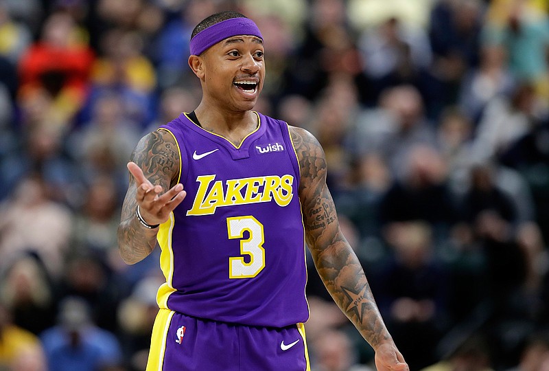 Los Angeles Lakers' Isaiah Thomas argues a call during the first half of an NBA game against the Indiana Pacers on March 19 in Indianapolis. No fewer than 33 players will make more during the 2018-19 season than Thomas has made in his entire career. "It's all good though. ... I'll just stay on that slow grind," Thomas said on social media after agreeing with the Nuggets.