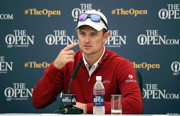 Justin Rose speaks Tuesday during a press conference at Carnoustie Golf Links in Angus, Scotland.