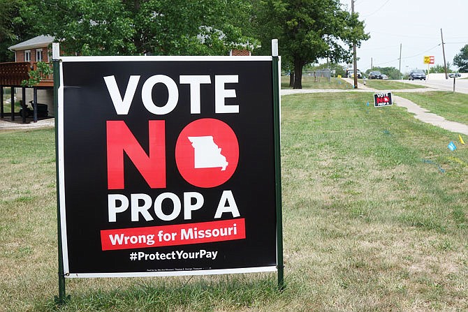 One of the "Vote No" signs is seen in Fulton. Proposition A, which will be on the Aug. 7 ballot, will give Missouri voters the chance to embrace or reject a right-to-work law.