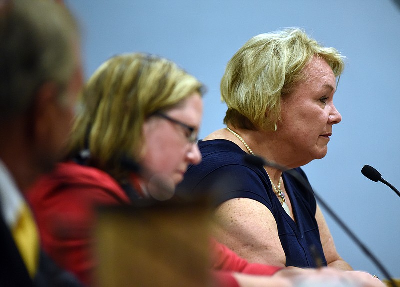 Emil Lippe/News Tribune
From right, Pat Rowe Kerr, Jane Beetem and David Griffith give their opening statements during a Candidate Forum at City Hall on Thursday, July 19, 2018. 
