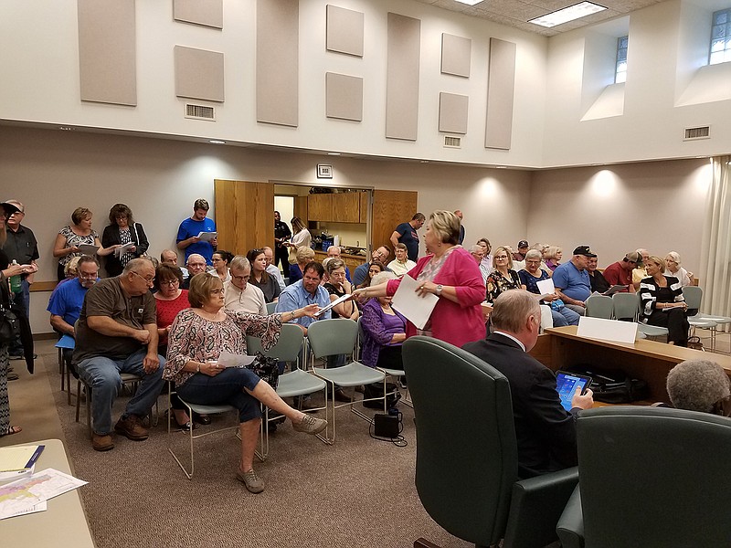 A standing-room-only audience waits to address the Texarkana, Texas, City Council before a public hearing on proposed annexations into the city limits Wednesday, July 18, 2018, at the Pleasant Grove Independent School District administration building in Texarkana, Texas.
