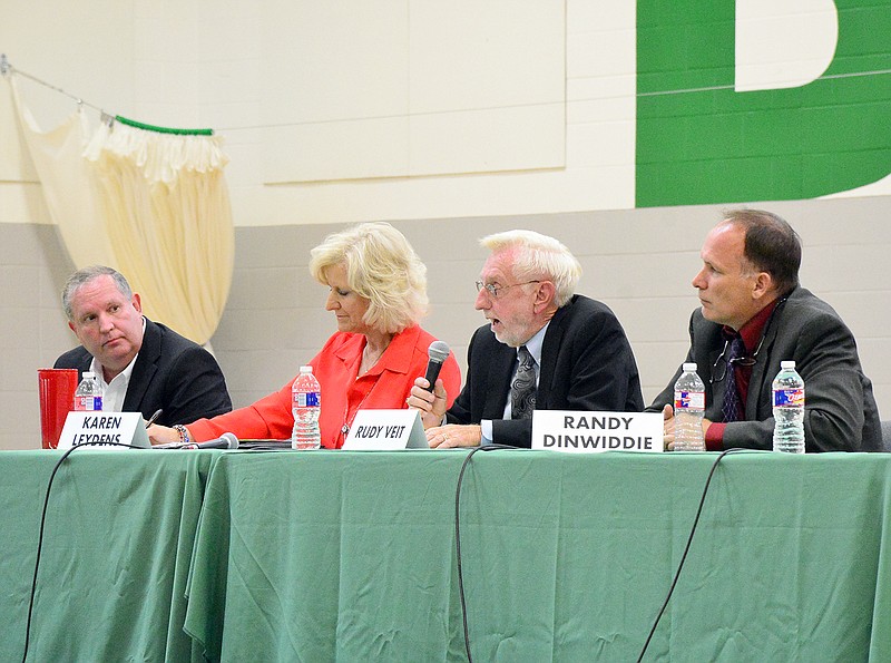 Rik Combs, Karen Leydens, Rudy Veit and Randy Dinwiddie participate Wednesday in the News Tribune forum at Blair Oaks Middle School for candidates in the contested Republican primary election for the Missouri House of Representatives District 59.