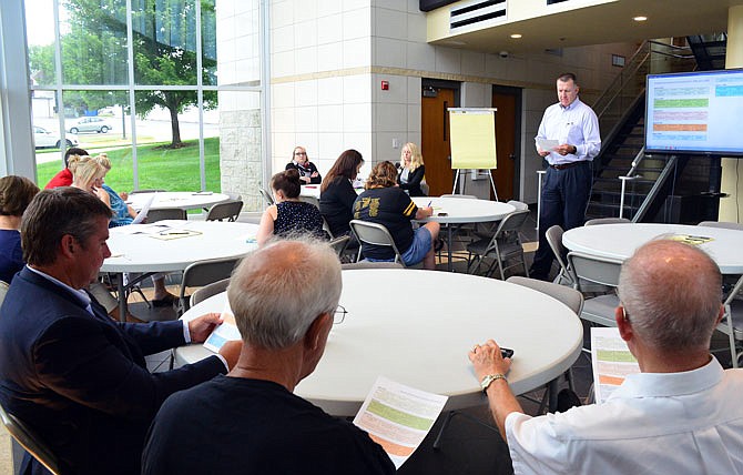 Jefferson City Public Schools Superintendent Larry Linthacum discusses options for changes to the district's boundary lines Thursday during a committee meeting at the Miller Performing Arts Center.
