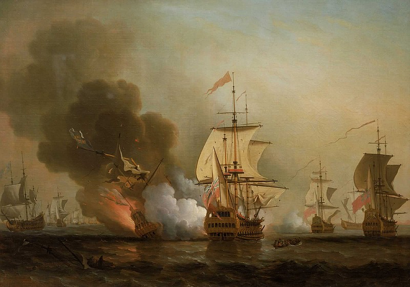 British painter Samuel Scott (1702-1772) depicted the moment that the Spanish galleon San Jose burst into flames and sank with its treasure off the coast of Colombia. The original hangs in the National Maritime Museum in Greenwich, England.