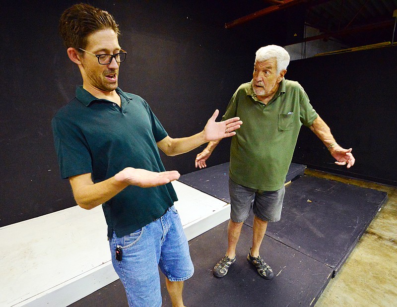 Mark Wilson/News Tribune
Tom Renner, left, and Jack Renner rehearse at Scene One Theatre for "Tuesdays with Morrie" Tuesday evening.