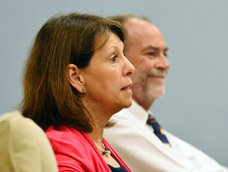 Cole County recorder of deeds candidates Ralph Bray, right, and Judy Ridgeway, square off Tuesday during the News Tribune-hosted candidate forum at City Hall.