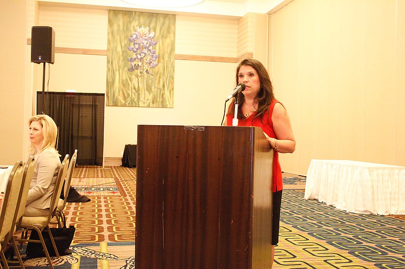 Liz Fazio Hale, executive director and CEO of Riverbend Water Resources District, speaks Wednesday at the Texarkana Convention Center about future water planning for the area. 