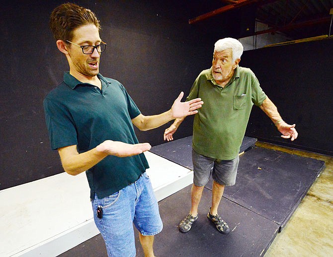 Tom Renner, left, and Jack Renner rehearse Tuesday at Scene One Theatre for "Tuesdays with Morrie." 