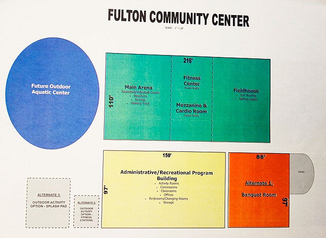 Preliminary plans for the new Fulton community center call for indoor athletic space, including an indoor, turf-floored field house.