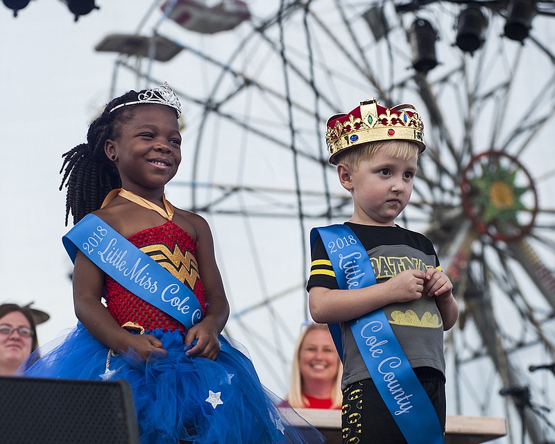 Laci Mae Smith, left, 5, and Calvin Wansing, right, 4, are crowned Little Miss and Little Mr. Cole County at the Jefferson City Jaycees Cole County Fair held at the Jefferson City Jaycees Fairgrounds on Monday, July 30, 2018. Laci Mae said her favorite heroes are Wonder Woman and her mom. Calvin named Batman as his favorite hero.