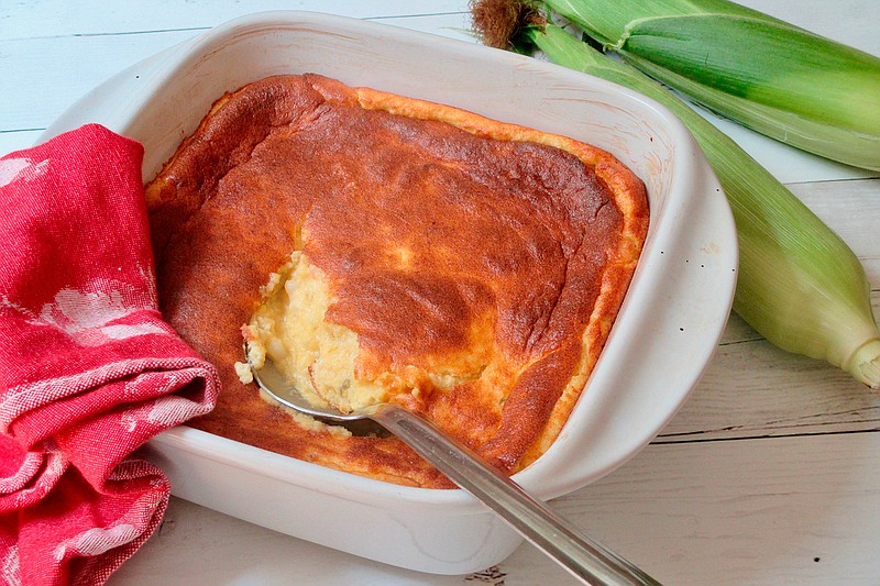 This July 2018 photo shows fresh corn spoonbread in New York. This dish is from a recipe by Sara Moulton. (Sara Moulton via AP)