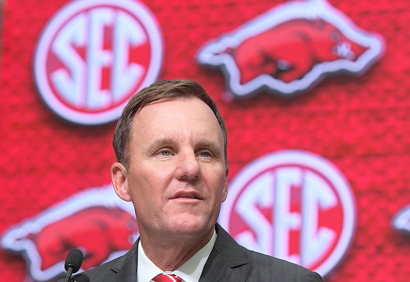In this July 17, 2018, file photo, Arkansas head coach Chad Morris speaks during the Southeastern Conference NCAA college football media days at the College Football Hall of Fame in Atlanta. Arkansas opens its first preseason camp with new coach Chad Morris at the helm on Friday, Aug. 3, 2018. (AP Photo/John Amis, File)