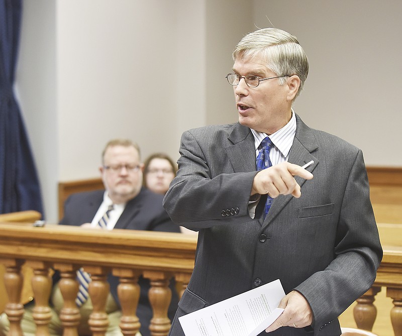 Julie Smith/News Tribune
Ron Calzone presents his argument to Osage County Judge Robert Schollmeyer during a hearing Tuesday in the case of Ronald Calzone V Missouri Secretary of State J Ashcroft.
