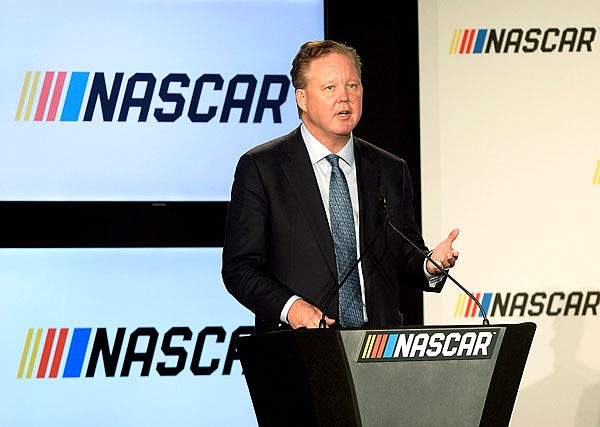 In this Jan. 23, 2017, file photo, NASCAR chairman Brian France gives opening remarks in Charlotte, N.C., prior to an announcement of NASCAR's approach to modernizing its series with a new format.