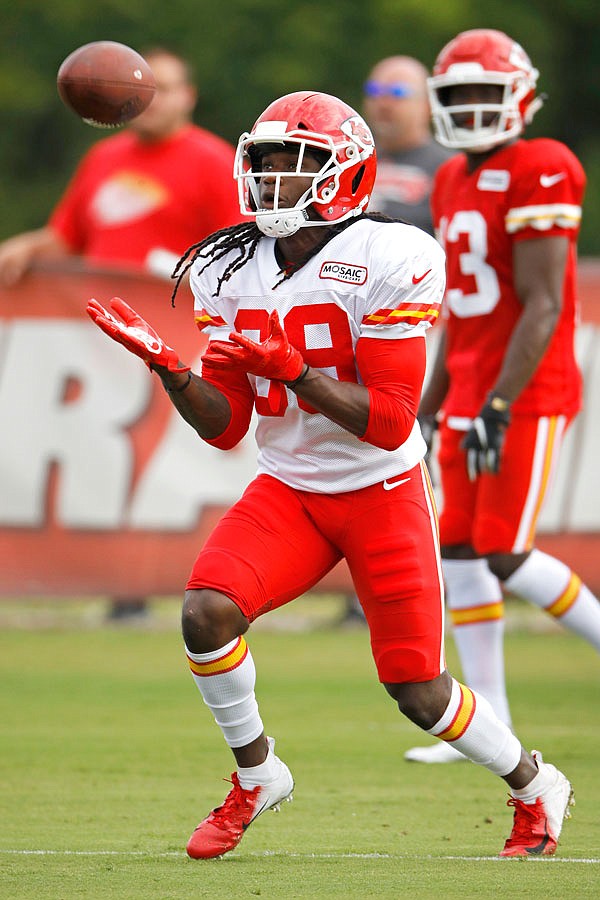 Chiefs cornerback Tremon Smith catches a ball last month during training camp in St. Joseph.