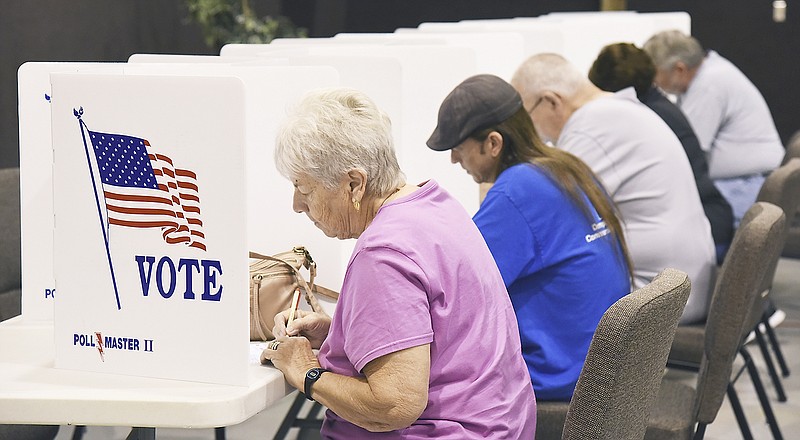 Marilyn Amos was among the early voters Tuesday, Aug. 7, 2018, at the JE/CC General polling place at Southridge Baptist Church in Jefferson City. She and dozens of voters steadily streamed through the church's gymnasium to cast their ballots in the primary election. 