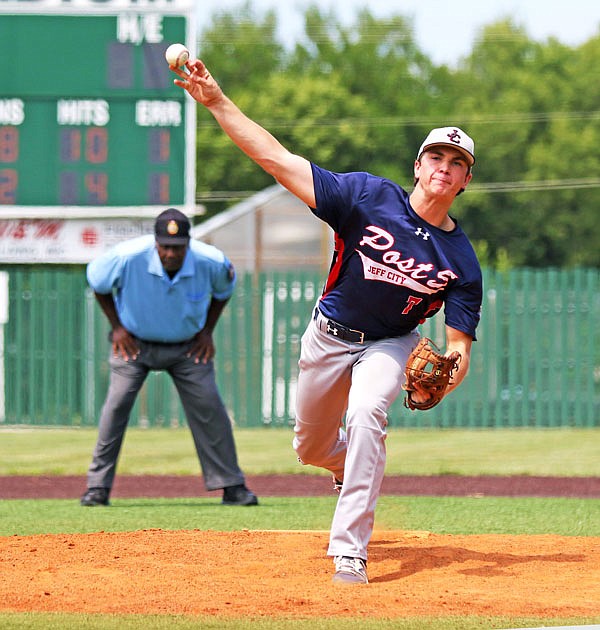 Jefferson City Post 5 Seniors pitcher Connor McKenna releases a pitch during the fifth inning of last month's American Legion Missouri AAA state championship game against Cape Girardeau Post 63 at Liberty Park Stadium in Sedalia.