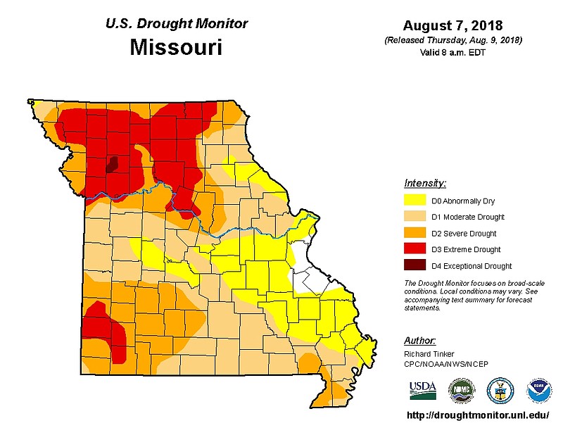 U.S. Drought Monitor for Missouri as of Aug. 9, 2018.