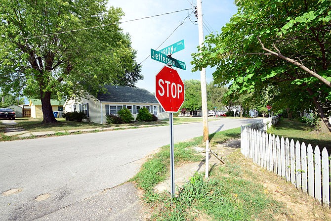 The intersection of Jefferson Street and Marion Street is shown in Russellville. The Cole County Commission recently awarded Russellville $220,000 for reconstruction of Marion Street, including sidewalk work, including restoration/addition of curb and gutter and detention mechanisms to accommodate and direct stormwater and snowmelt in low-lying areas.