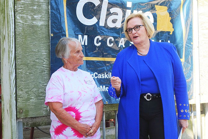 Sen. Claire McCaskill, D-Mo., right, stopped by the farm owned by Peggy Smart and her family Friday in Tebbetts. Smart fears trade tariffs put in place by China will harm her 4,000-acre farm, of which 3,800 acres are planted with soybeans.