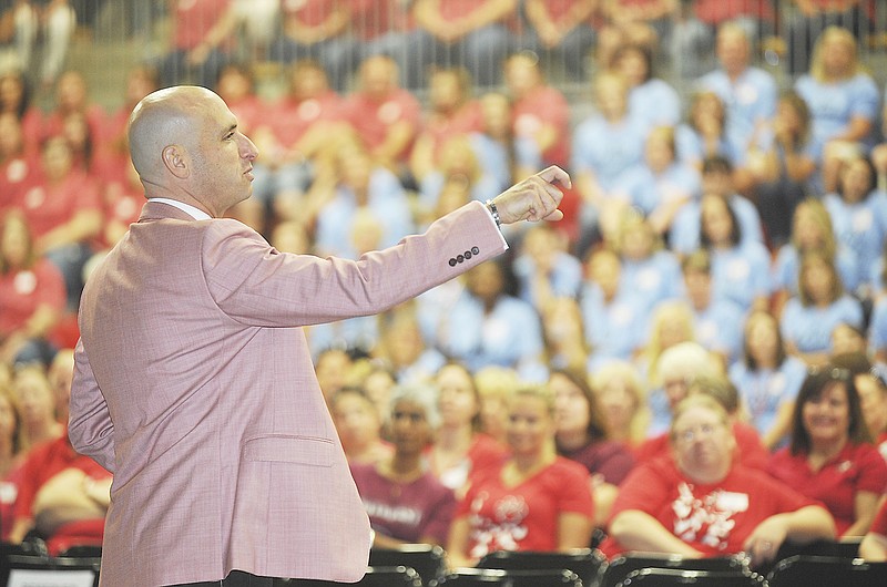 Guest and motivational speaker Brian Mendler speaks at the Jefferson City Public Schools opening session festivities at JCHS.