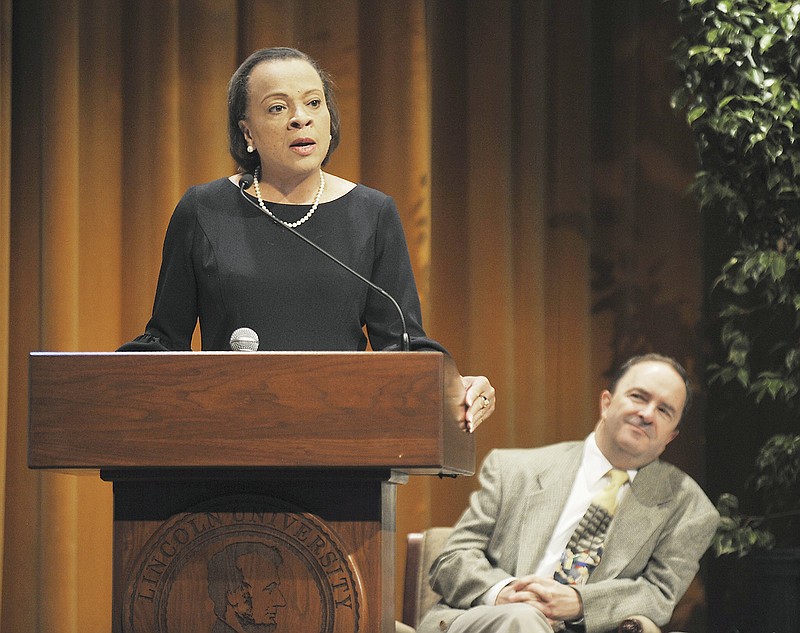 FILE: Addressing faculty, staff and curators in August 2018 as Lincoln University president, Jerald Jones Woolfolk stands at the podium in Mitchell Auditorium in Richardson Fine Arts Center during the Faculty-Staff Fall Institute.