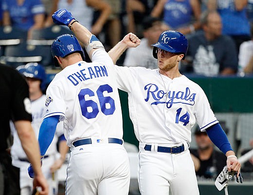 Ryan O'Hearn is congratulated by Royals teammate Brett Phillips after hitting a two-run home run in the second inning of Monday night's game against the Blue Jays at Kauffman Stadium.