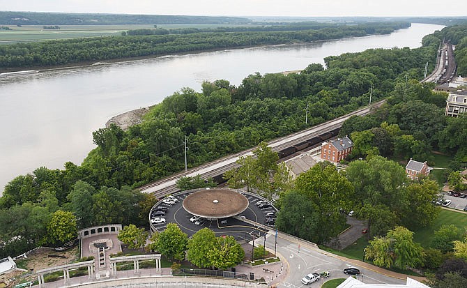 Adrian's Island is seen from the Capitol dome in Jefferson City. The proposed walkway will be situated between the circular garage and the Veterans' Fountain, shown in the lower left corner.