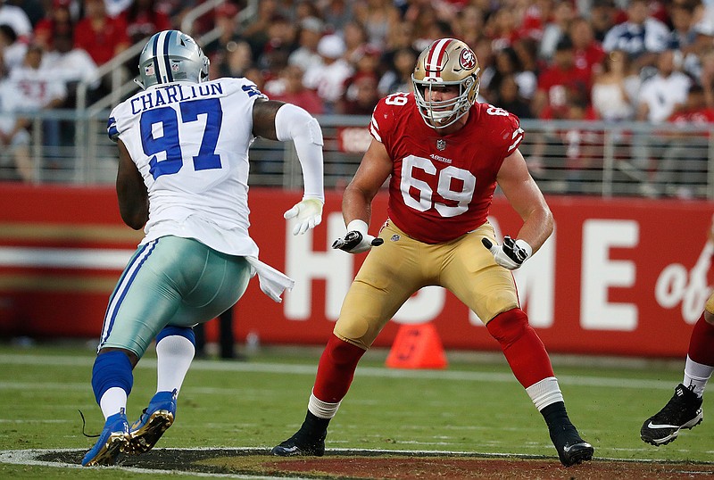 This Aug. 9, 2018, file photo shows San Francisco 49ers offensive tackle Mike McGlinchey (69) blocking Dallas Cowboys defensive end Taco Charlton (97) during the first half of an NFL preseason football game in Santa Clara, Calif. McGlinchey's first test as an NFL tackle came against one of the NFL's top pass rushers in Dallas' DeMarcus Lawrence.
Things will only get tougher this week when McGlinchey must contend with three-time former AP Defensive Player of the Year J.J. Watt and Jadeveon Clowney when the 49ers travel to Houston for two days of practice against the Texans before an exhibition game on Saturday.  (AP Photo/Tony Avelar, File)
