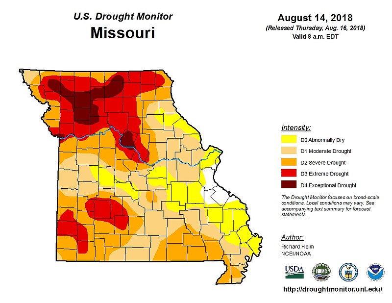 U.S. Drought Monitor for Missouri as of Aug. 16, 2018.