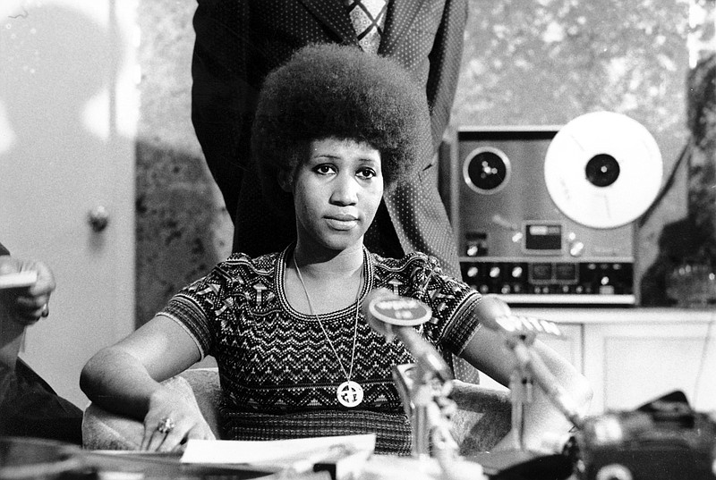 In this March 26, 1973 file photo, soul singer Aretha Franklin appears at a news conference. Franklin died Thursday, Aug. 16, 2018 at her home in Detroit.  She was 76. (AP Photo, File)